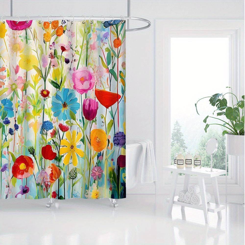 Livfull Blommigt Akvarell Duschdraperi - Vattentät Polyester, Handmålat Bladmotiv, Hål för Ringar, Nordisk Stil, Modern Badrumsinredning