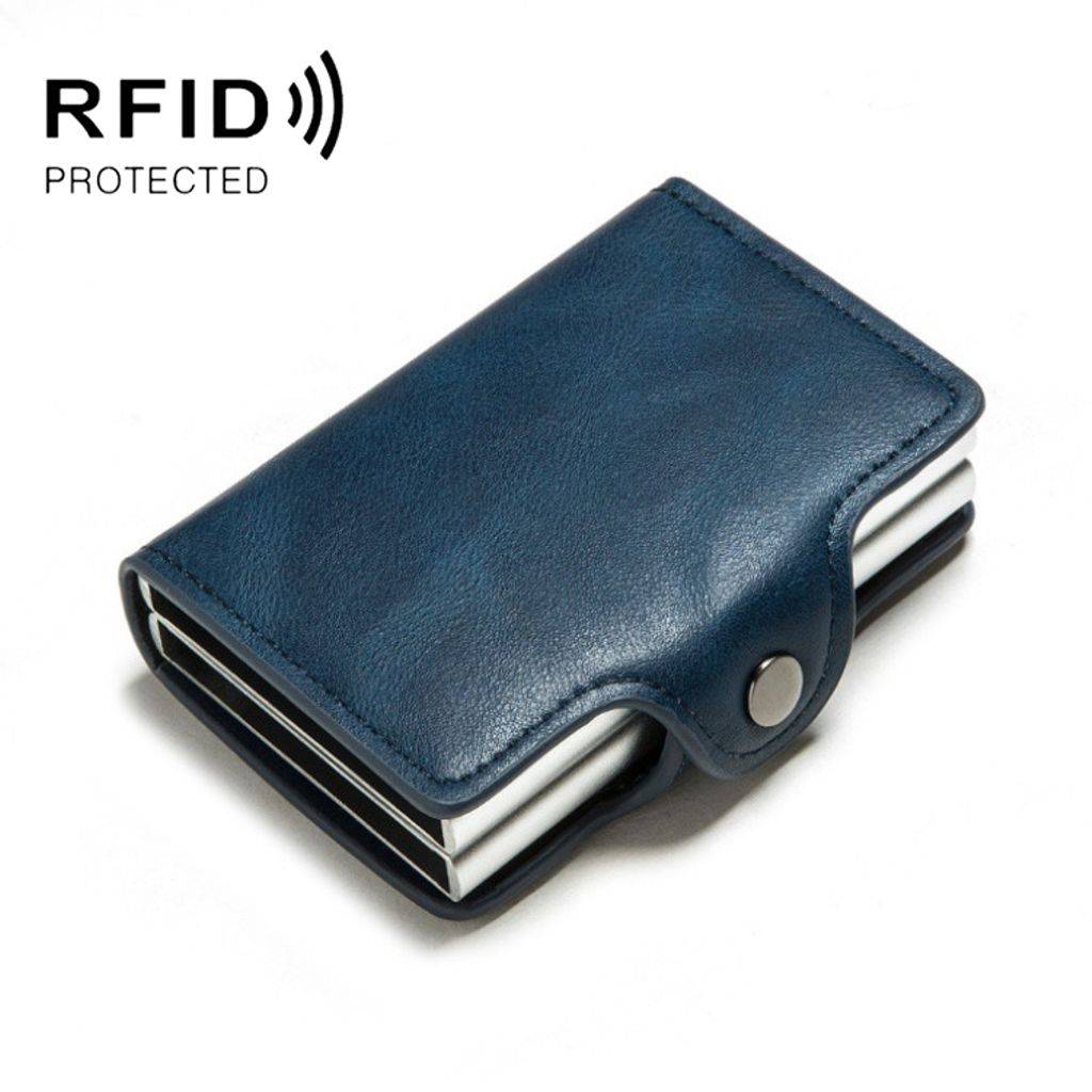 Automatisk pop-up metal kortholder i PU læder med RFID – Blå