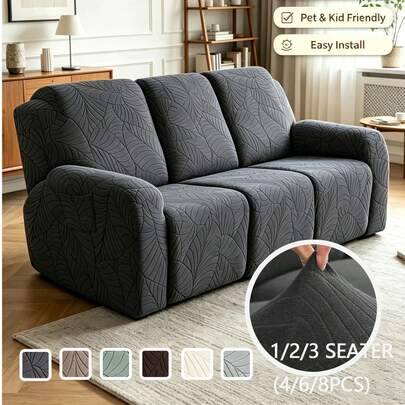 1/2/3-sits sofföverdrag för vardagsrum med lövmönster, stretchiga slipcovers för soffa, fåtölj och recliners, möbelöverdrag - Mörkgrå (1-sits (4 st),3-sits (8 st),2-sits (6 st))