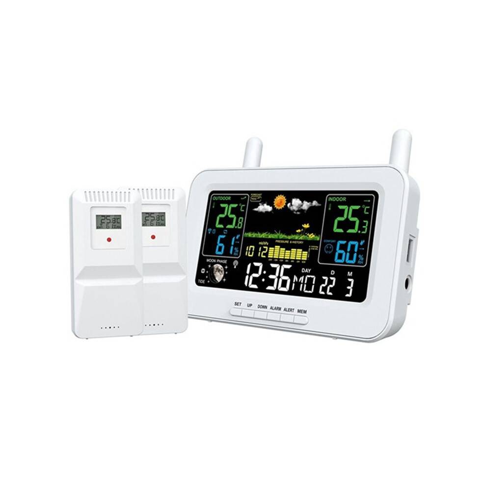 Multi-Function Color Screen Digital Weather Station Weather Station Radio Clock with Wireless Outdoor Sensor White (UK)