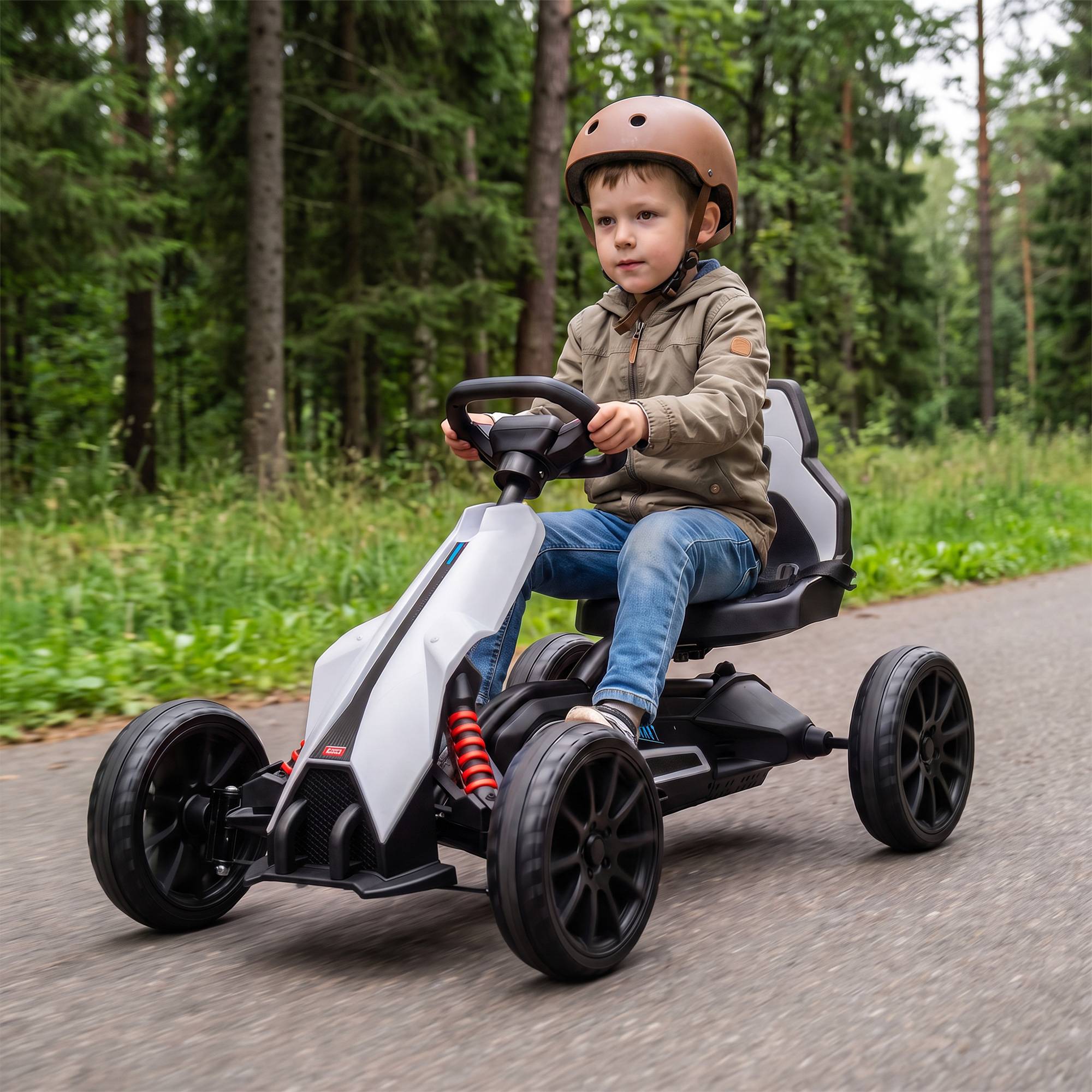 Elektrisk Gokart til Børn 12 V 3-5 km/t Driftkart med 2-vejs justerbar tilstand, sikkerhedssele, rat, Gokart Børnekøretøj til 3-8-årige, Hvid.