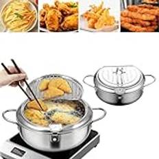 Deep Fryer Pot Tempura Frying Pan 304 Stainless Steel Flat Bottom Stove Top Japanese Style Cookware W/Lid & Temperature Control Thermometer,304 stainless steel,28cm