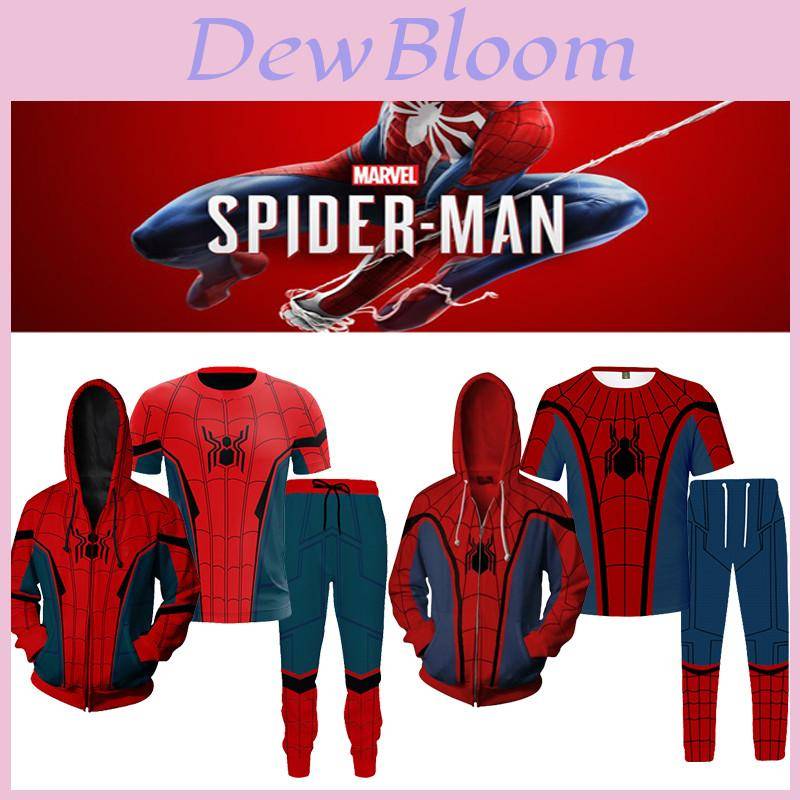 Spiderman Dragkedja Huvtröja Jacka T-shirt Byxor Set Hip Hop Marvel Cosplay Kostym cm red