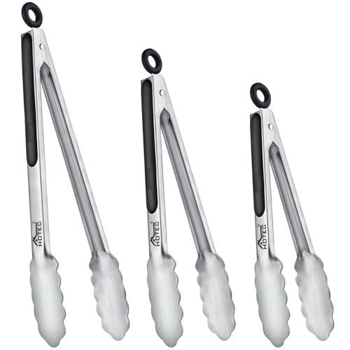 Hotec Kökstänger i rostfritt stål, set med 7,6 – 17,78 cm, 22,88 cm och 30,48 cm, låsande mattänger i metall för matlagning, servering, grill, halkfritt grepp