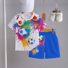1 set för småbarnspojkar, kortärmad t-shirt och shorts med fotbolls- och stänkmönster, lämplig för vardagssport, vår/sommar - Multifärgad (6Y,7Y,4Y,5Y)