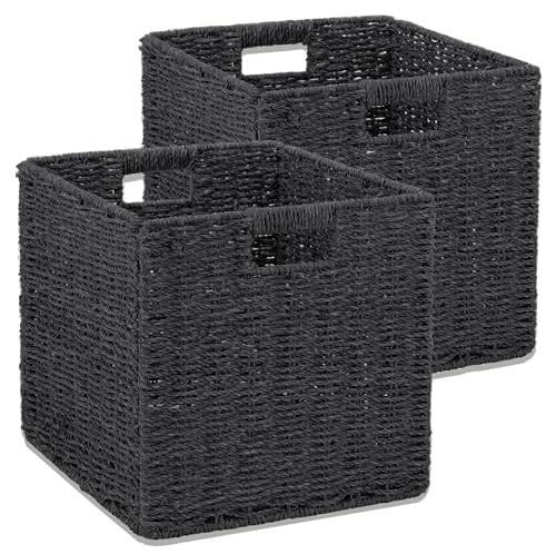 Korgförvaring Flätad Paket om 2, 28 x 28 x 28 cm Handvävda Hopfällbara Förvaringskorgar med Förtjockade Handtag, Stor Flätad Korg för Kallax Hylla, Badrum, Kök, Sovrum, Vardagsrum (Svart)