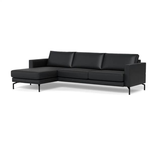 Cannes sofa med chaiselong til Venstre - Set forfra - 272 x 163 cm. - Semianilin læder Sort - Stærk Pris