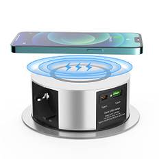 3 Fach Versenkbare Steckdose USB C mit 10W Kabellosem Ladegerät, Ohuo 2 USB Einbausteckdose für Arbeitsplatte Mehrfachsteckdose mit 1,8M Kabel, D 120mm