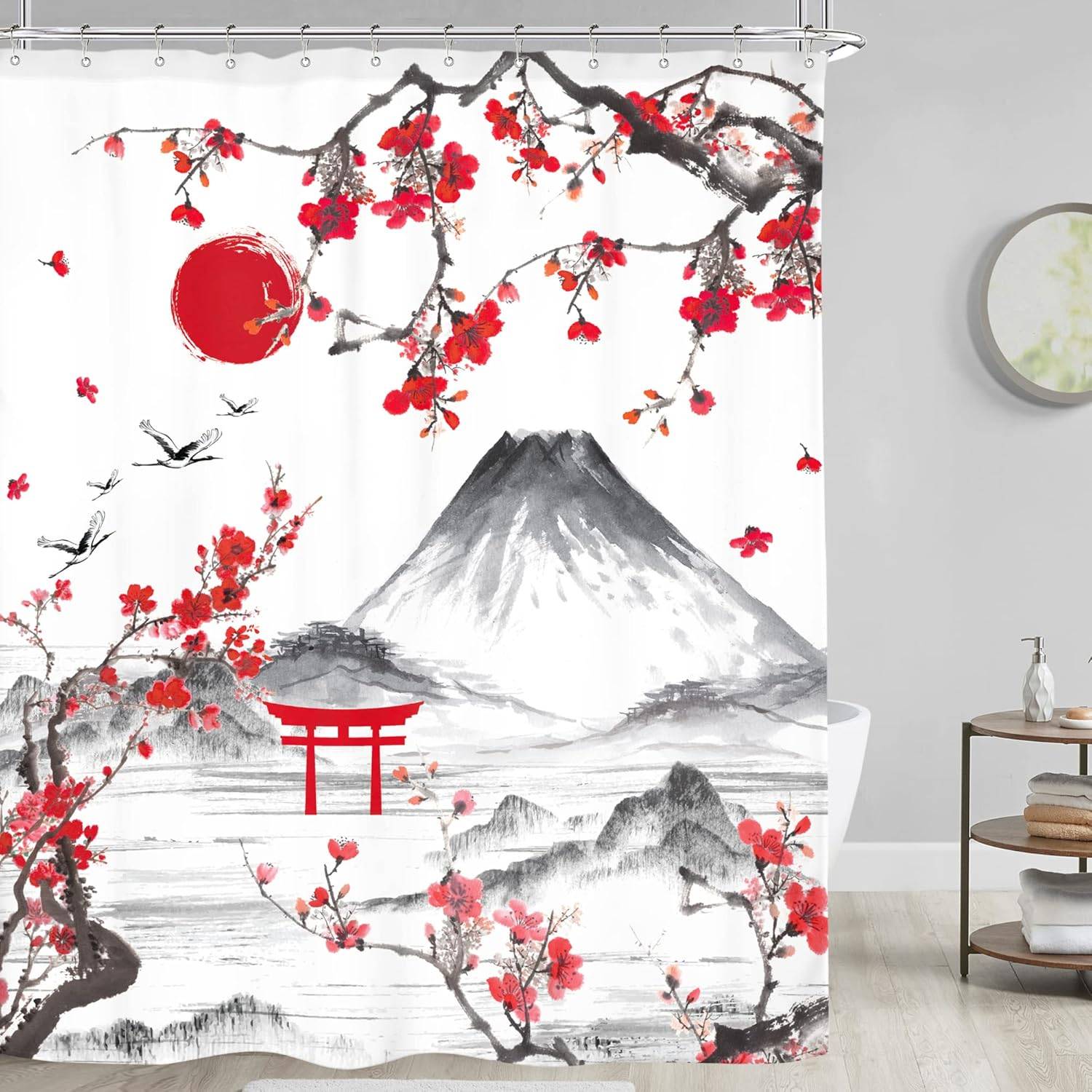 Japansk Duschdraperi Fuji-berget Körsbärsblomma Asiatiskt Anime-tema Vinröd Sol Koi Akvarell Blommig Vår Svalt Tyg