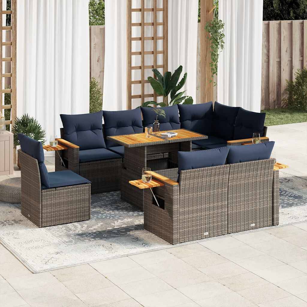 vidaXL sofasæt til haven 9 dele med hynder polyrattan akacietræ grå