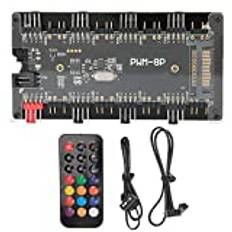 Husfläktnav, CPU-kylning 8 A-anslutningar (5 V, 3-stift) + 8 fläktanslutningar (4-stift) PWM 2 i 1, för datorfläkt, SATA-strömförsörjning + moderkortkontroll fjärrkontroll - svart