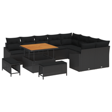 vidaXL 12-delt havensofa sæt med puder Sort poly rattan akacia&&vidaXL 2-personers havensofa med opbevaring & puder Sort poly rattan&&vidaXL 3-delt havemiddagsbord sæt med puder Sort poly rattan akacia