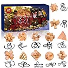 Sakmilu Brain Teaser Puzzle Adventskalender 2023，24st 3D upplåsning Interlock Assorterad metall och trä Adventskalender Pusselleksaker för nedräkning Julklapp Barn Tonåringar Vuxna
