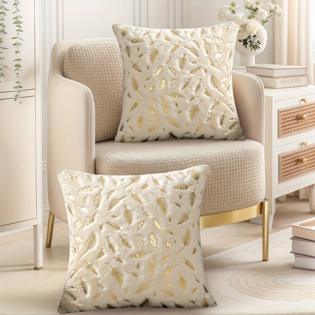 2 Bohemian Decorative , Gold Feather, Gold-plated Pillows, Shiny Pillowcases, Fluffy And Soft Plush Covers, Sofa Bed, Living Room
