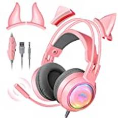 JYPS Sött spelheadset med mikrofon för laptop/PC/PS4/PS5/Xbox/Nintendo Switch, 3,5 mm trådbundet USB-headset med kattöron och RGB-lampor för barn/pojkar/flickor/vuxna/kvinnor (rosa)