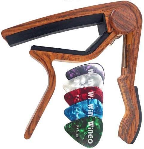 WINGO Trägitarr capo snabbt byte för 6-strängade akustiska elektriska stålgitarrer, ukulele med 5 plektrum – rosenträfärg