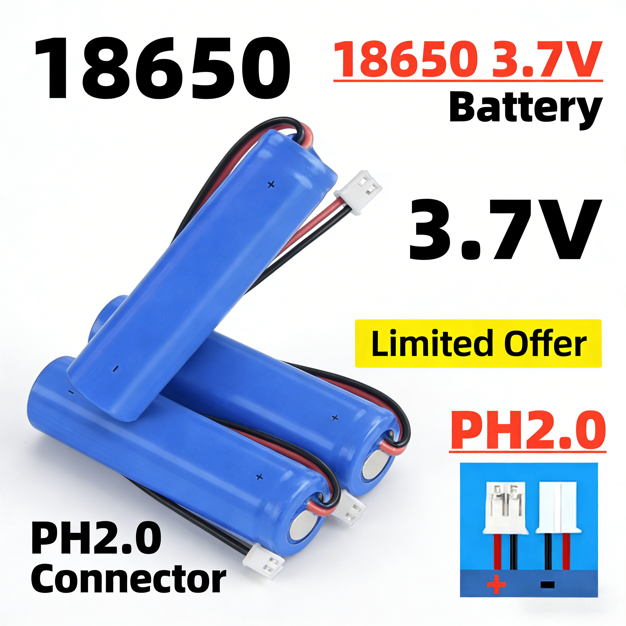 PH2.0 Plug 18650 3000mAh 3.7V Rechargeable Lithium Battery with PCB for Speaker Radio Headlight Toy