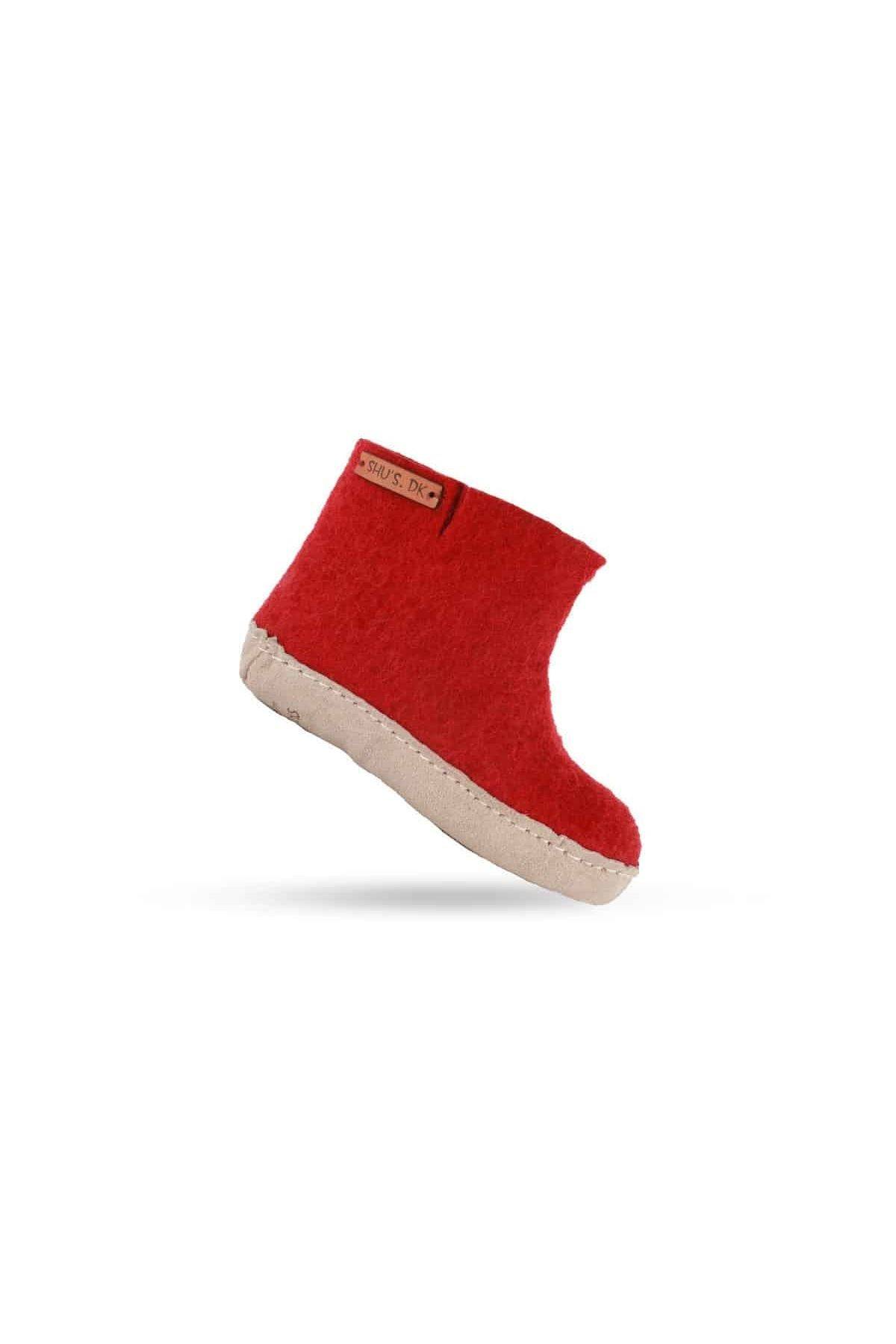 Uldstøvle Børn (100% ren uld) - Model Rød m/sål i skind - Dansk Design fra SHUS - 34