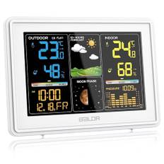 BALDR Wetterstation Funk mit Außensensor, Digital Farbdisplay DCF-Funkuhr Innen und Außen Thermometer Hygrometer, Funkwetterstation mit Wettervorhersage, Barometer und Mondphase, Netzteil