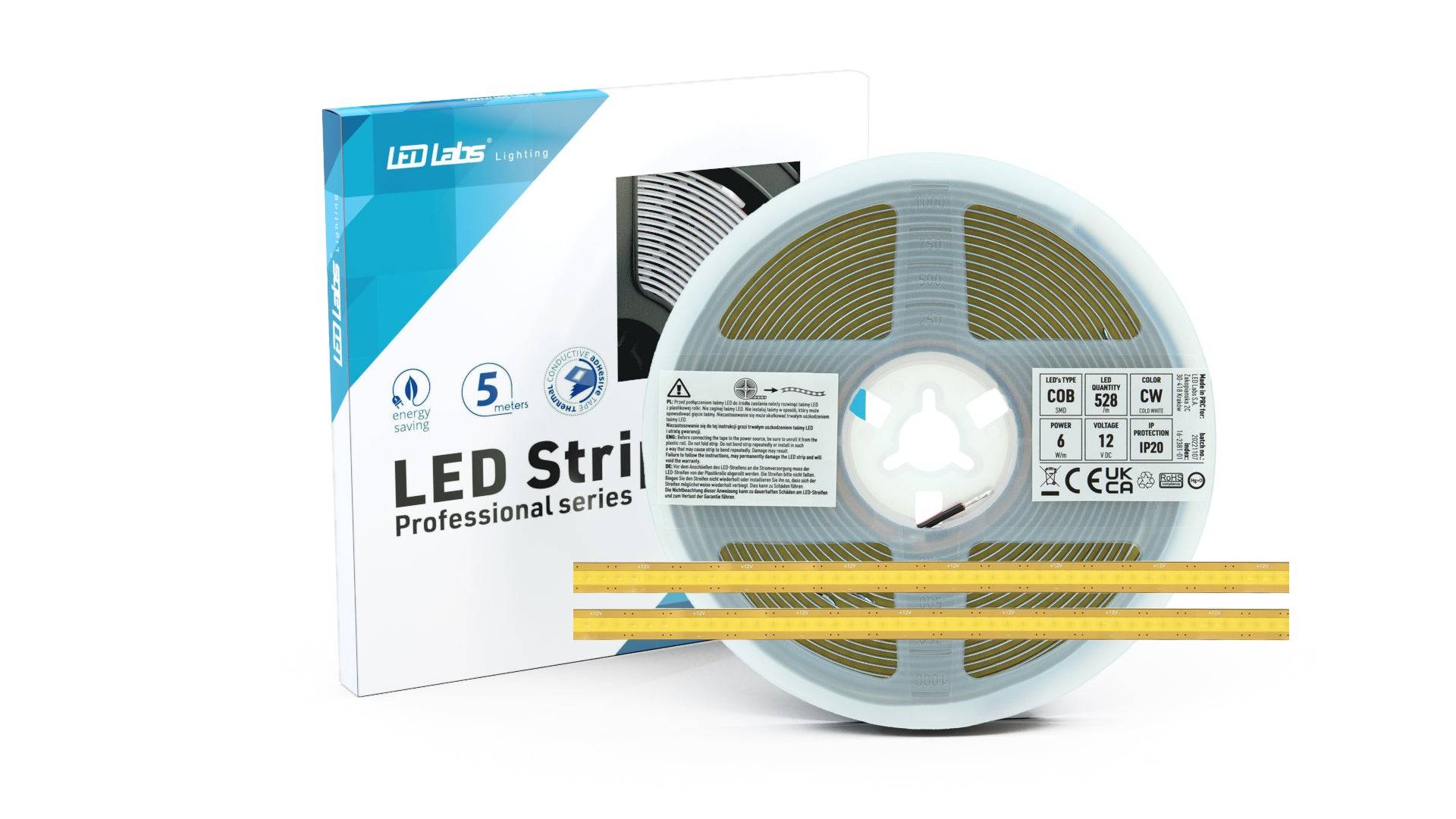 COB LED strip free cut - 12V, 8mm, Kold Hvid (6500K) (5m)