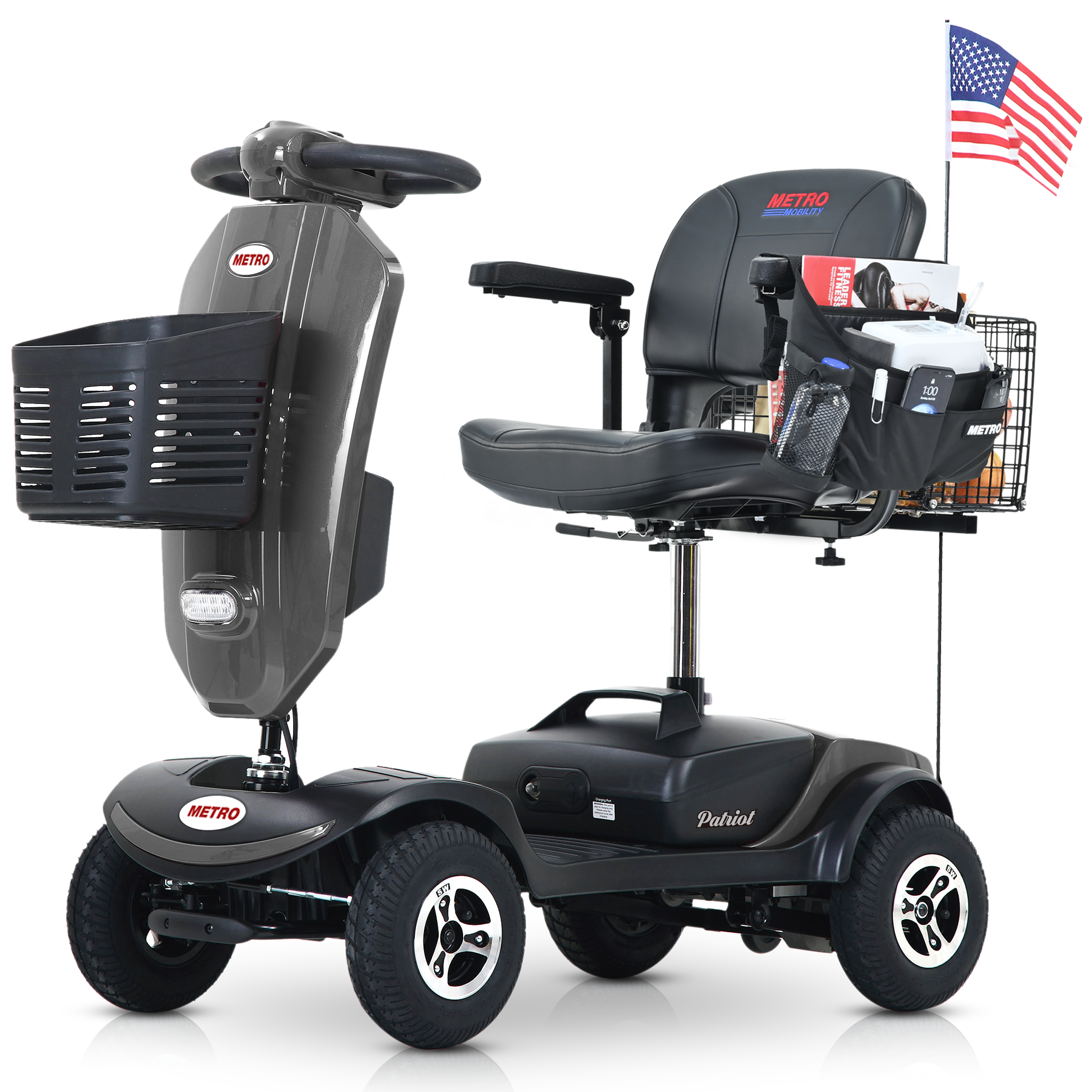 Outdoor compact mobility scooter with windshield ,300W Motor, Travel - Long Range Power Extended Battery with Cup holders & USB charger port, GREY