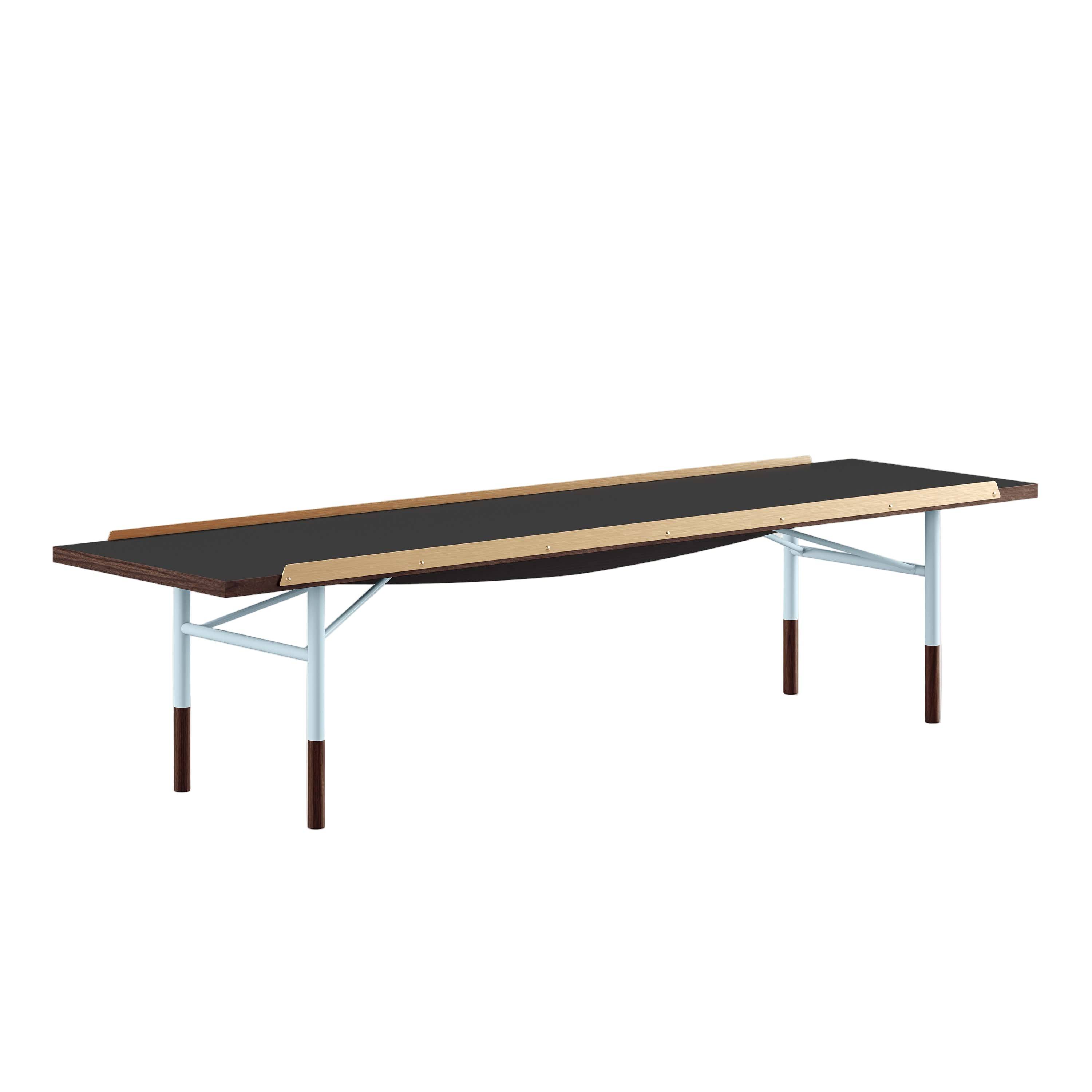 Bordbænk, lys blå stel af Finn Juhl Valnød / sort linoleum / 225cm - Jacobsen Plus