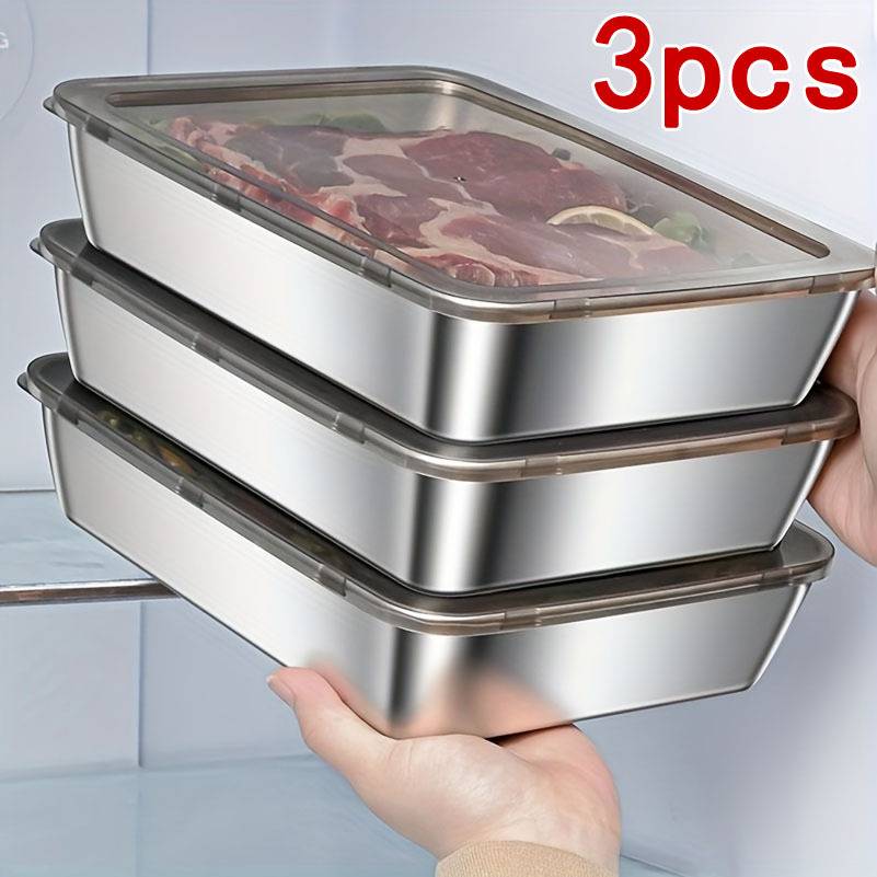 3pcs Stainless Steel Food Storage Containers- Leakproof, Reusable, Perfect For Fruits, Meat, Vegetables| Easy To Clean, Stackable Kitchen Organizer For Refrigerator, Freezer And Pantry