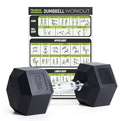 PhysKcal Hexagon Hanteln Poly-Gummierte | 12,5 kg 1 Stück | Rutschsicher Ummantelt | Ergonomische Verchromte Griffe | Kurzhantel-Set | Dumbbells Set