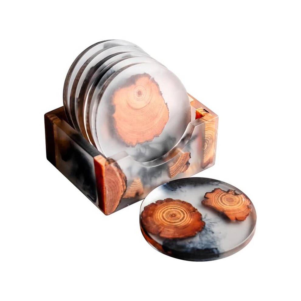 6 Pcs Wood Coasters with Holder, Resin Epoxy Coaster for Drinks, Cool Coaster Art Table Protection Decor