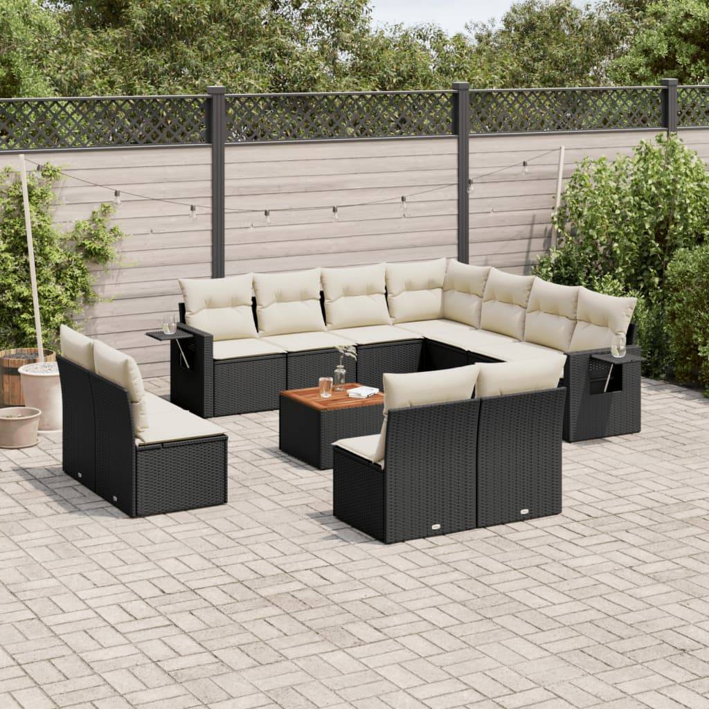 Havesofasæt 12 Dele Med Hynder Polyrattan - Sort og cremefarvet