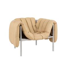 HEM - Puffy Lounge Chair - Sand Leather/Stainless - Lænestole - Faye Toogood - Sølv,Beige - Læder/Naturmateriale/Metal/Træ/Skum