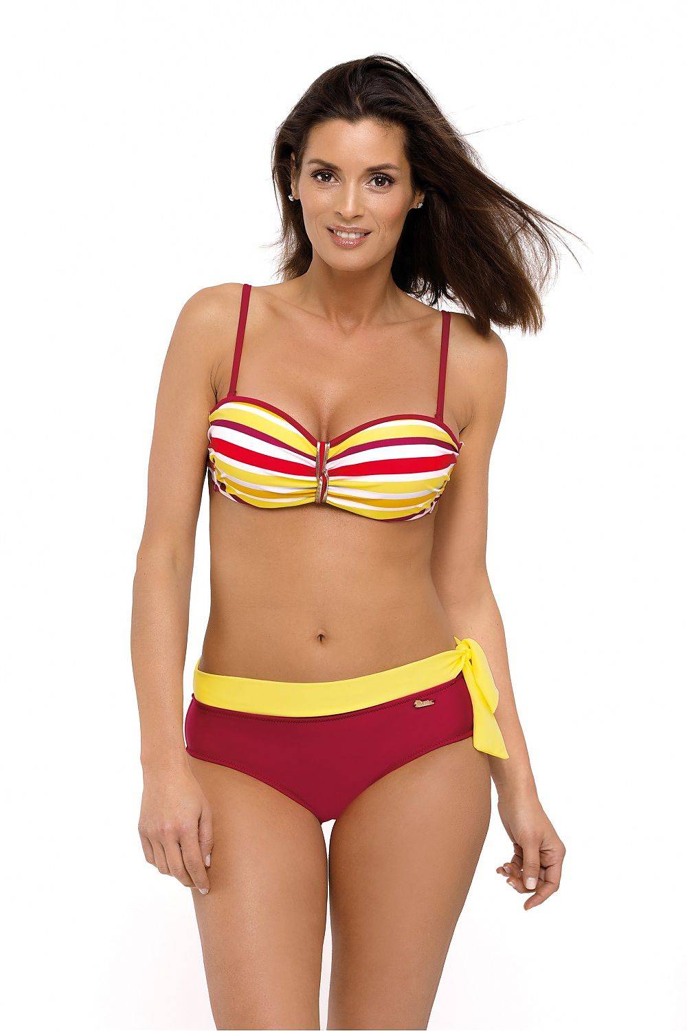 Marko - Retro Striped Underwire Bikini Set with Side Tie Bottoms - Red Yellow White - XL