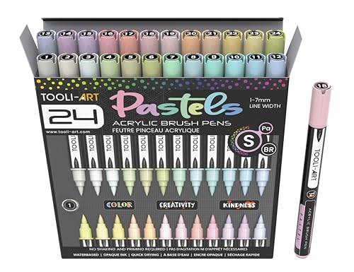 24 flexibla penselspetsar pastelltoner akrylfärgpennor markörset 1-7 mm linje för stenmålning, borstbokstäver, glas, muggar, trä, metall, duk, tyg, plast giftfri vattenbaserad snabbtorkande