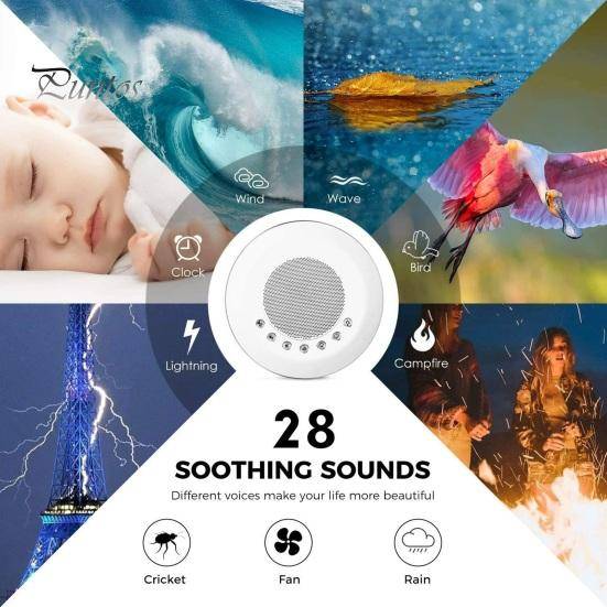 Ljudmaskin med 28 lugnande ljud Justerbar volym Uppladdningsbar Kompakt design White Noise Machine med ljus