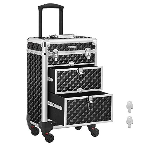 SONGMICS Låsbart sminkfodral, Rolling Cosmetics Beauty Trolley Box, Svart