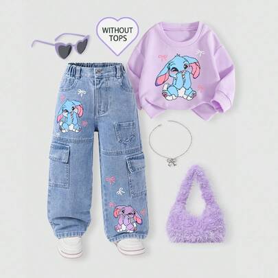 Raka jeans för unga flickor med fickor, kaninprint och rosettdesign, blå vintage cowgirl western streetwear-jeans för skolstart, avslappnad passform - Ljustvätt (6Y,7Y,8Y,4Y,5Y)