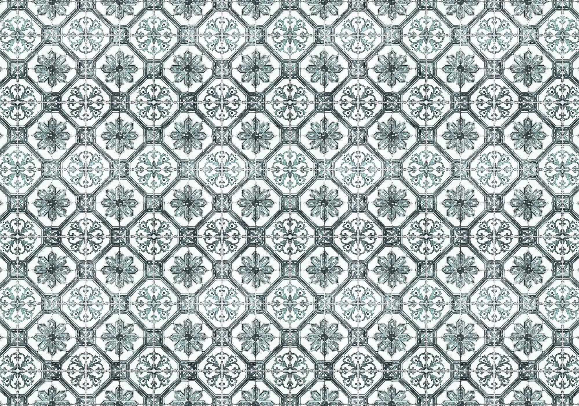 Fototapet - Gentaget mønster af grønne og hvide dekorative fliser - Vinyl 265g / 208x146