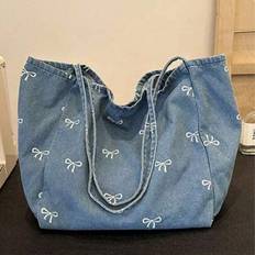 New Korean Casual Fashion Versatile Blue Highly Attractive Bow Washed Canvas Tote Bag For Commuting, Travel, Shopping, Student Back To School, Large C - Blue