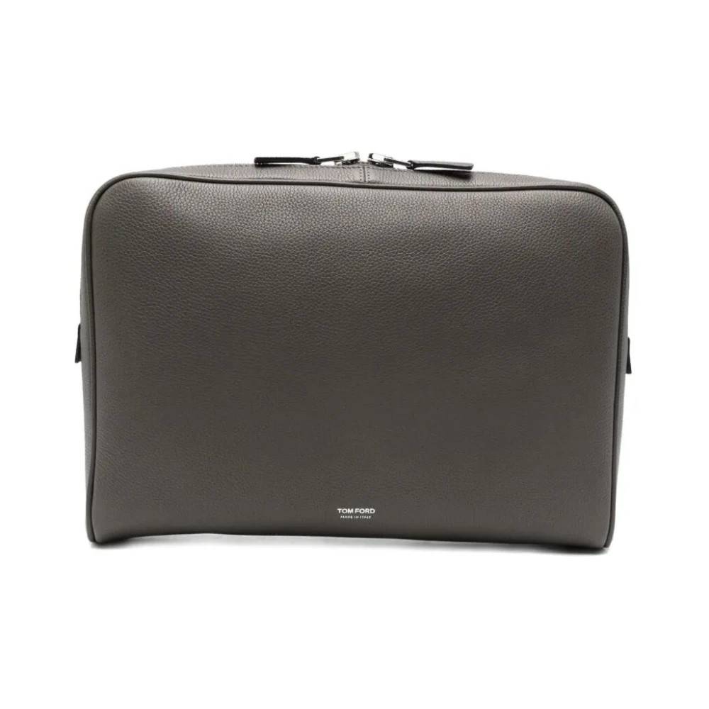 Tom Ford Soft Grain Leather Minimal Line Laptop Pouch - Tasker - Herre - Grå - ONE SIZE - Læder