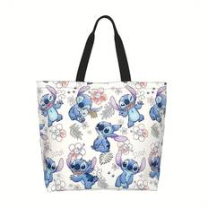 TEMU Stitch Anime Print Tote Bag, Large Reusable Shopping Bag With Polyester Lining, Perfect Gift For Stitch Fans