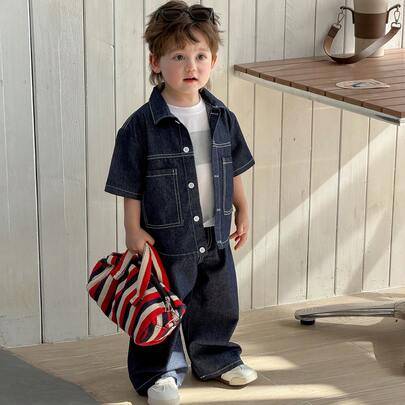2st småbarn pojkar lös tvättade Vintage Denim jacka och jeans Set - Blå (6-9M,9-12M,12-18M,18-24M,2-3Y)