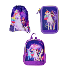 Unicorn Academy – Small Backpack 26.5x21x10 cm + Drawstring Gym Bag 35x45 cm + Filled Double Pencil Case 19.5x12.5x5 cm (bundle)