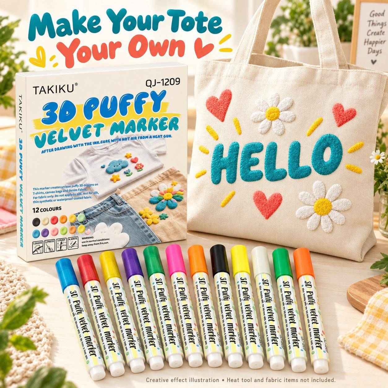 12-Color 3D Puffy Flocking Markers – Fabric Paint Pens for DIY Canvas Bags, T-Shirts, and Creative Crafting/Doodling