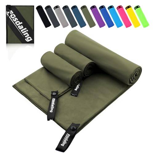 Mikrofaser Handtuch 3er Set - Groß 200*100cm & 2 Klein 80×40cm, Schnelltrocknend Microfaser Sporthandtuch, für Reisehandtuch, Badetuch, Fitness & Sport Handtücher und Strandtuch (Armeegrün)