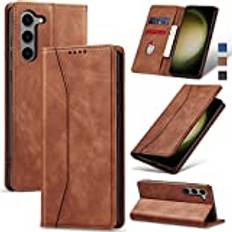 Jasonyu Skal för Samsung Galaxy S23, Premium Läder Vikbart Skyddande Fodral [Hölster, Magnetisk, kortfack, stativfunktion] Wallet Leather Case Cover för Samsung Galaxy S23 (Brun)