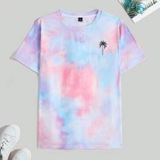 Men Summer Sports Leisure Colorful Tie-Dye Coconut Tree Printed Round Neck Short Sleeve T-Shirt, For Going Out, For Friends - Pink - L,M,S,XL,XXL