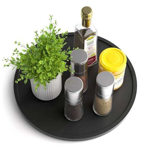 Homerays bambu roterande tallrik arrangör Lazy Susan, roterande tallrik kök arrangör – 30 cm, halkfri kryddhylla vridbar för kök skafferi skåp bord bänkskiva, svart