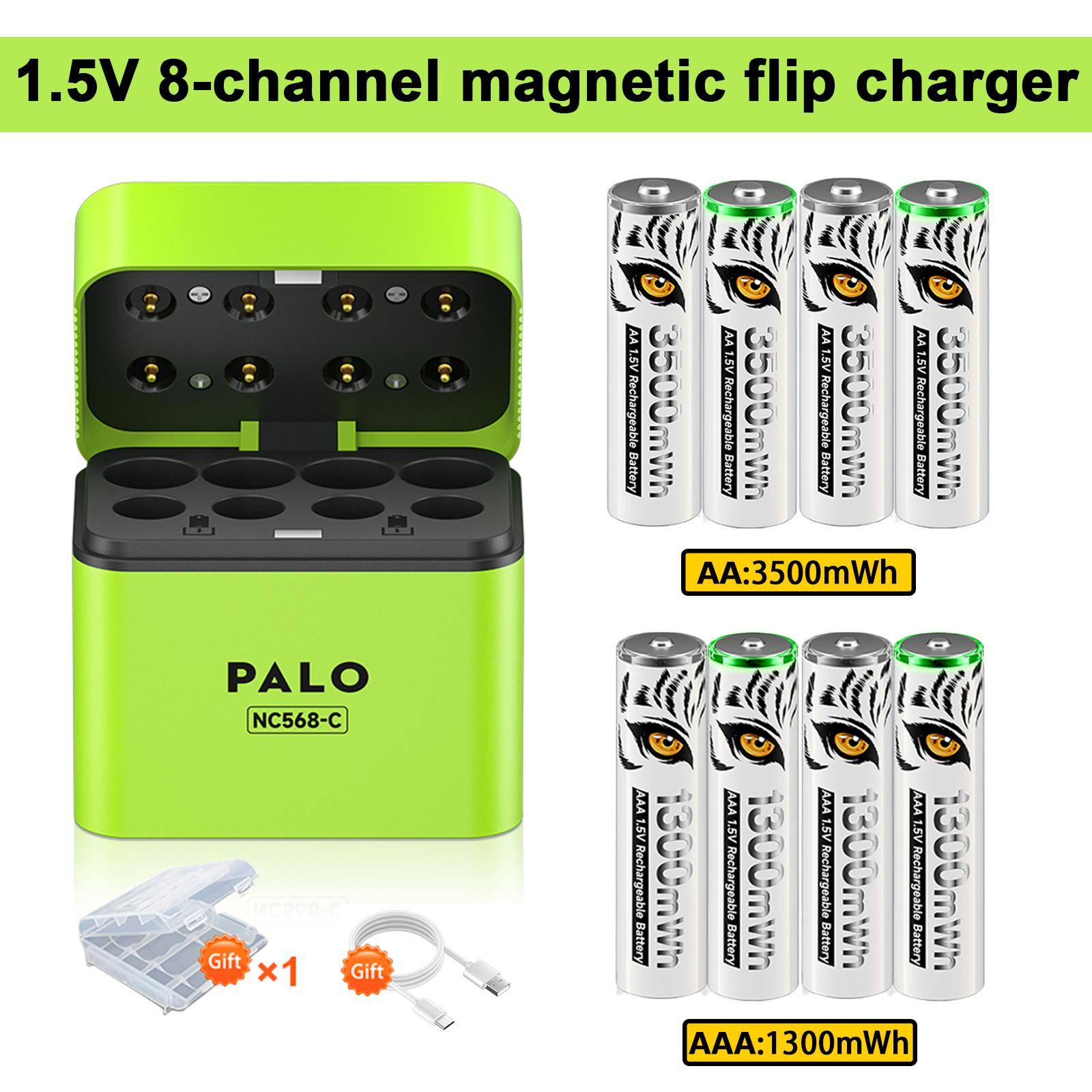 PALO 1,5V AA 3500mWh Uppladdningsbart Batteri AAA 1300mWh Litiumjonbatterier Med 8-fack snabb intelligent batteriladdare