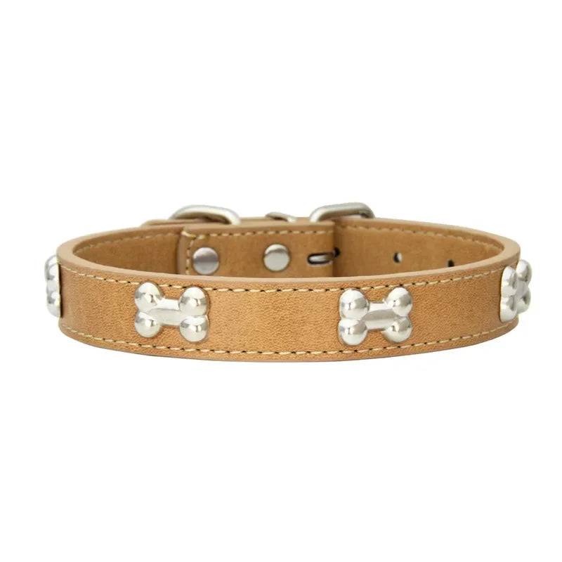 Durable Leather Dog Collar with Bone Design for Small to Large Dogs - Chocolate / L (L)
