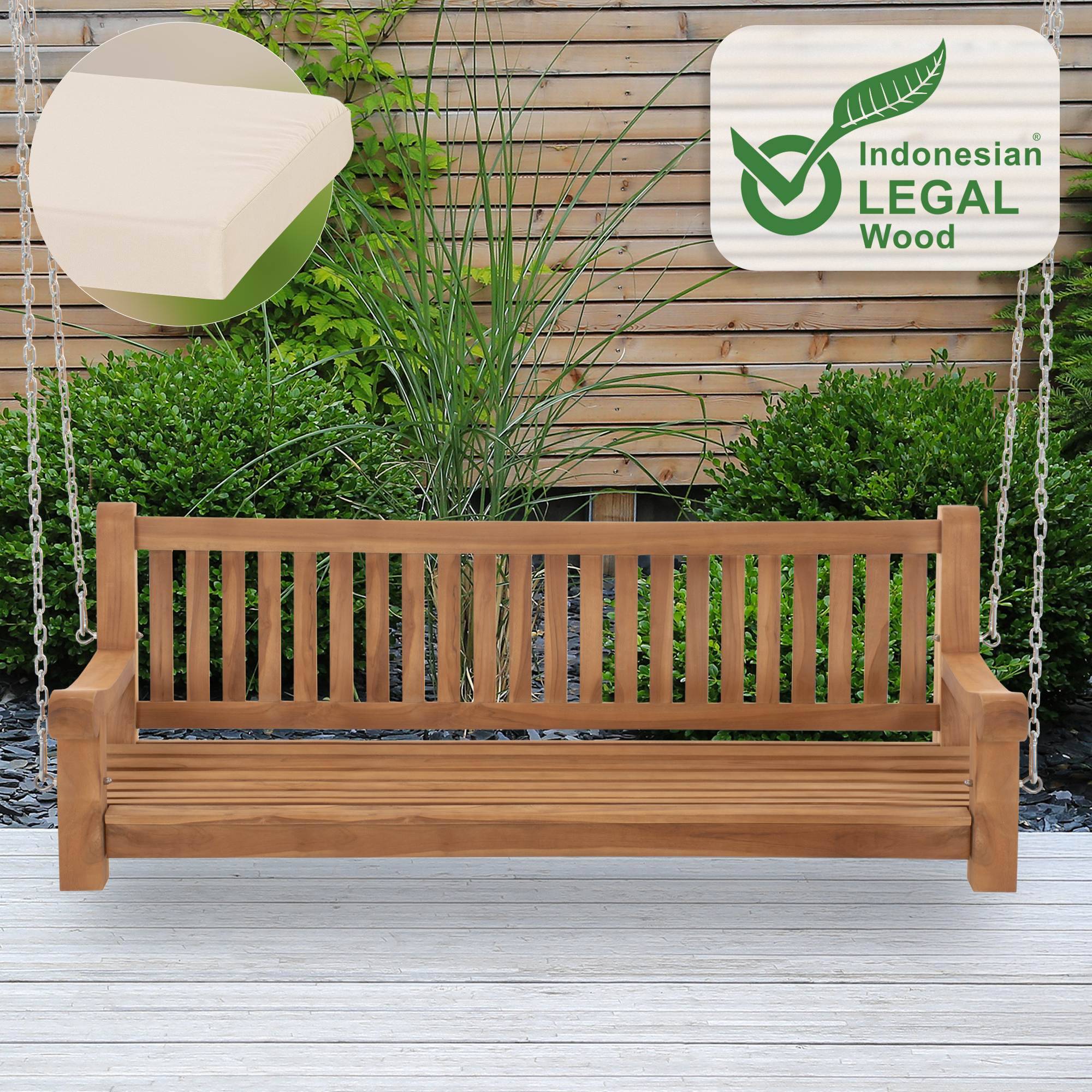Joyce gungbänk med sittdyna 180 cm + teak, cremefärgad